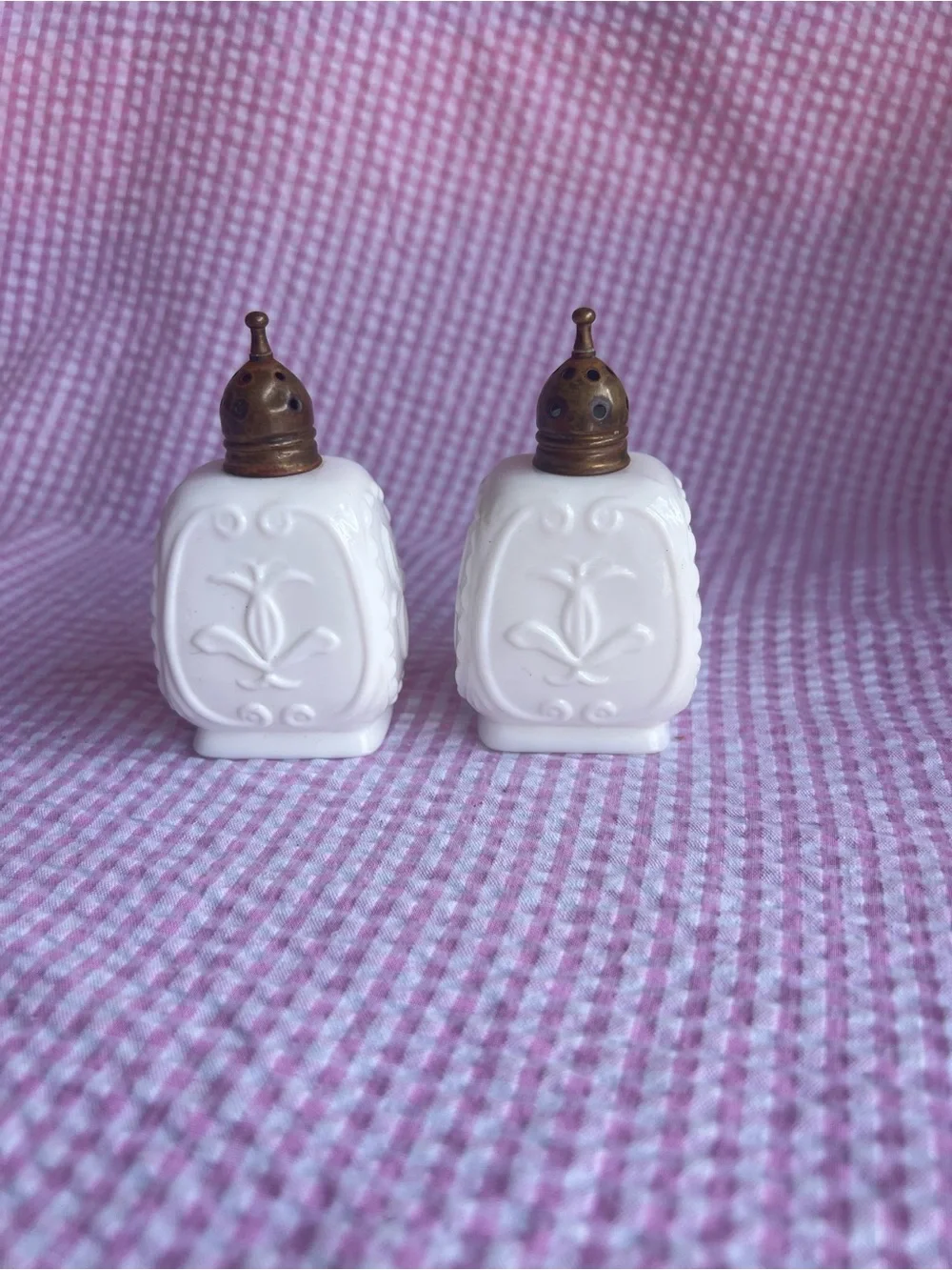 Milk Glass Salt and Pepper Shaker Set with Brass Tops